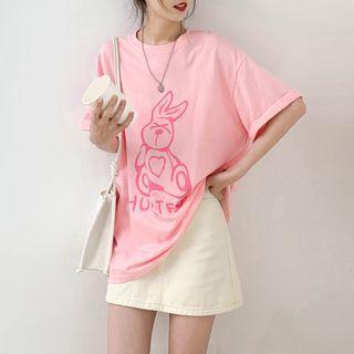 Round-neck Printed Oversize Top Pink - One Size