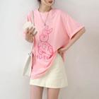 Round-neck Printed Oversize Top Pink - One Size