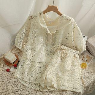 Set: Pearl-accent Hooded Lace Top + Shorts With Camisole