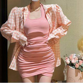 Gingham Shirt / Halter Mini Bodycon Tank Dress