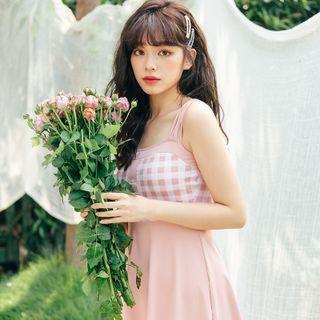 Set: Sleeveless Gingham Panel Swim Dress + Shorts