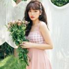Set: Sleeveless Gingham Panel Swim Dress + Shorts