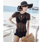 Set: Lace Short-sleeve Swimsuit + Plain Bikini Top