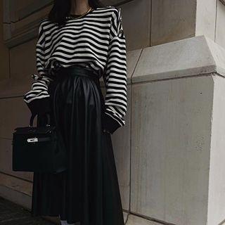 High Waist Faux Leather Midi A-line Skirt Black - One Size