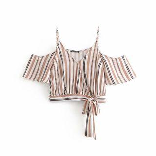 Cold Shoulder Striped Short-sleeve Top