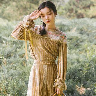 Lace Panel Long-sleeve Top + Midi A-line Skirt
