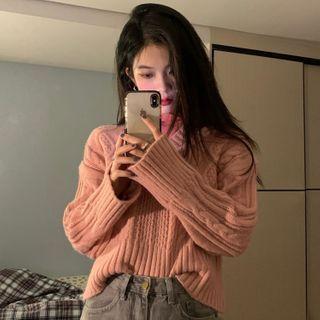 Long-sleeve Turtleneck Top / V-neck Cable Knit Sweater