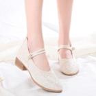 Embroidered Frog-button Block Heel Mary Jane Pumps
