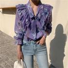Tie-front Floral Print Blouse Purple - One Size
