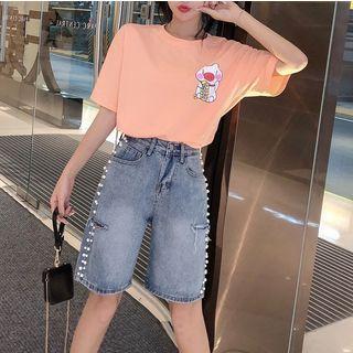 Pig Print Short-sleeve T-shirt / Faux-pearl Detail Denim Shorts / Set