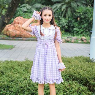 Check Short-sleeve A-line Dress / Bow Hair Hand