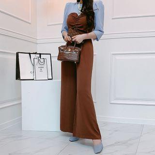 Elbow-sleeve Two-tone Drawcord Jumpsuit