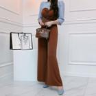 Elbow-sleeve Two-tone Drawcord Jumpsuit