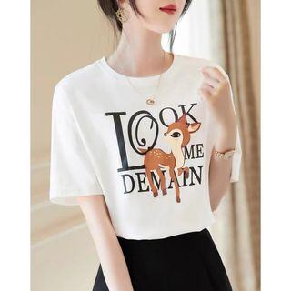 Short-sleeve Lettering Deer Print T-shirt