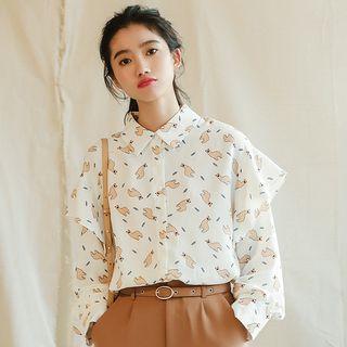 Cartoon Print Ruffled Chiffon Blouse White - One Size