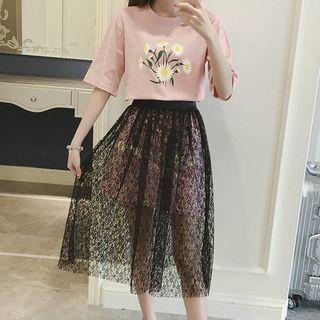 Set: Floral Print Elbow Sleeve T-shirt Dress + Mesh Midi Skirt