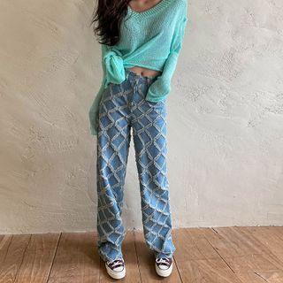 Fringed Checked Wide-leg Jeans