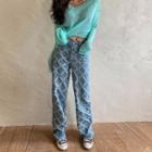 Fringed Checked Wide-leg Jeans