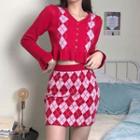 Argyle Print Cardigan / Argyle Print Knit Skirt