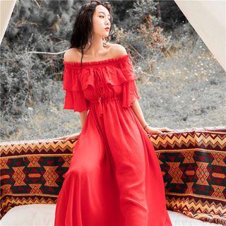 Off-shoulder Elbow-sleeve Maxi A-line Dress