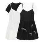 Short-sleeve T-shirt / Faux Pearl Bow Overall Dress