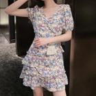 Short-sleeve Floral Print Ruffled A-line Dress / Spaghetti Strap Dress / A-line Skirt