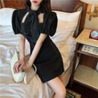Bow-accent Puff-sleeve Slim-fit Dress