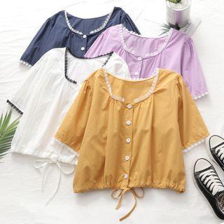 Lace Trim Short-sleeve Drawstring-hem Cropped Blouse