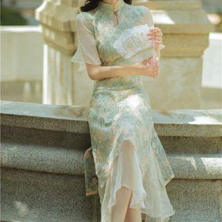 Short-sleeve Mesh Panel Midi A-line Qipao Dress