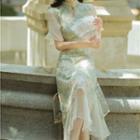 Short-sleeve Mesh Panel Midi A-line Qipao Dress