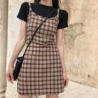 Short-sleeve T-shirt / Spaghetti Strap Mini Plaid Dress