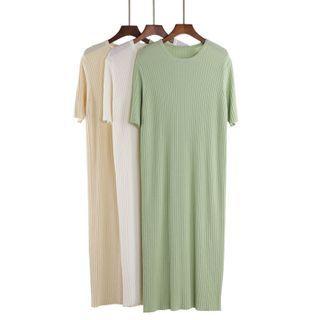 Short-sleeve Ribbed Knit Midi Dress
