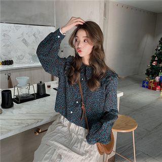 Leopard Ruffle Long-sleeve Loose-fit Blouse