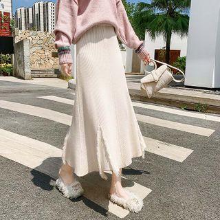 High-waist Frayed Knit Midi Skirt