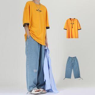 Set: Lettering Elbow-sleeve T-shirt +wide-leg Jeans
