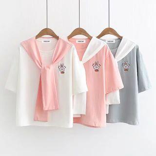 Rabbit Embroidered Short-sleeve Mock Two-piece T-shirt