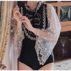 Flower Embroidered Lace-sleeve Swimsuit
