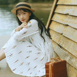Long-sleeve Print Pleated Midi Dress