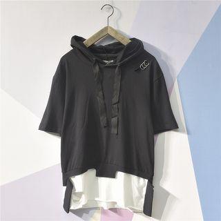 Mock Two-piece Hooded Elbow Sleeve T-shirt