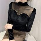 Long-sleeve Mock-neck Mesh Panel Velvet Top