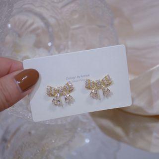 Bow Rhinestone Earring 1 Pair - Gold & White - One Size