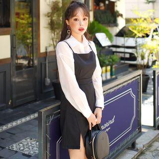 Set: Tie-back A-line Suspender Skirt + Shirt Black - One Size