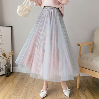 Color-block Mesh Midi Skirt