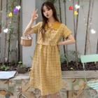 Plaid Short-sleeve Midi A-line Dress Yellow - One Size