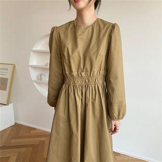 Lantern-sleeve Plain Loose Fit Midi Dress