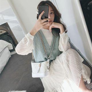 Set: Buttoned Cable Knit Vest + Long-sleeve A-line Midi Crinkle Dress