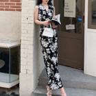 Sleeveless V-neck Floral Wide Leg Jumpsuit