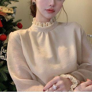 Lace-trim Puff-sleeve Chiffon Top