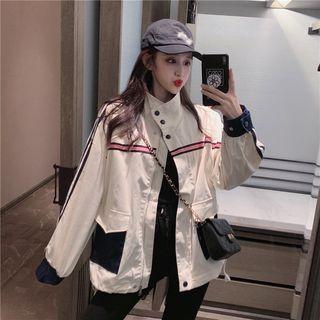Striped Drawstring Zip Jacket As Shown In Figure - One Size