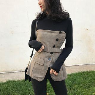 Mock-two Check Mock-neck Long-sleeve Top